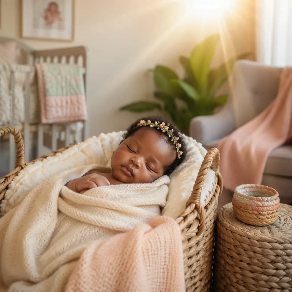 Peaceful Igbo baby sleeping in a softly lit cozy nursery with warm pastel accents.