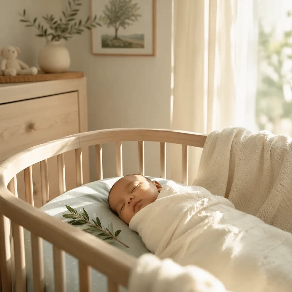 Sleeping baby in a soft pastel nursery with gentle morning light and olive branch detail.