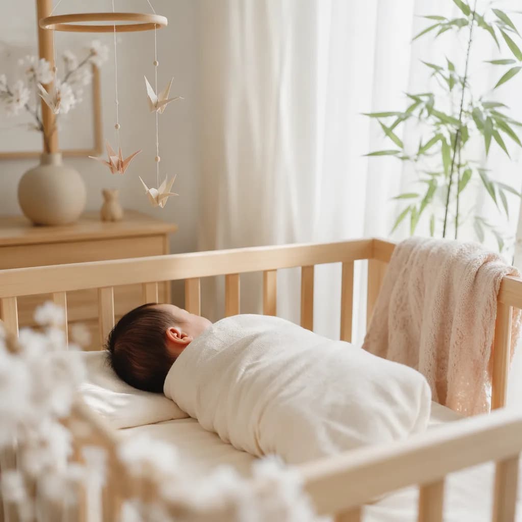 A peaceful Japanese newborn in a soft modern nursery with origami and pastel accents.