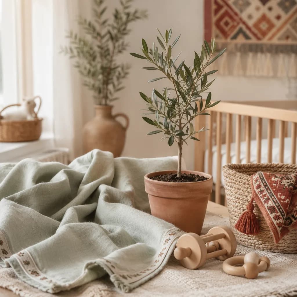 Cozy nursery still-life with an olive sapling, linen blanket, and warm earth-toned decor.