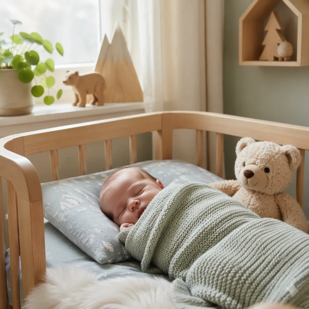 Peaceful Scandinavian nursery with a swaddled baby and plush bear in soft natural light.