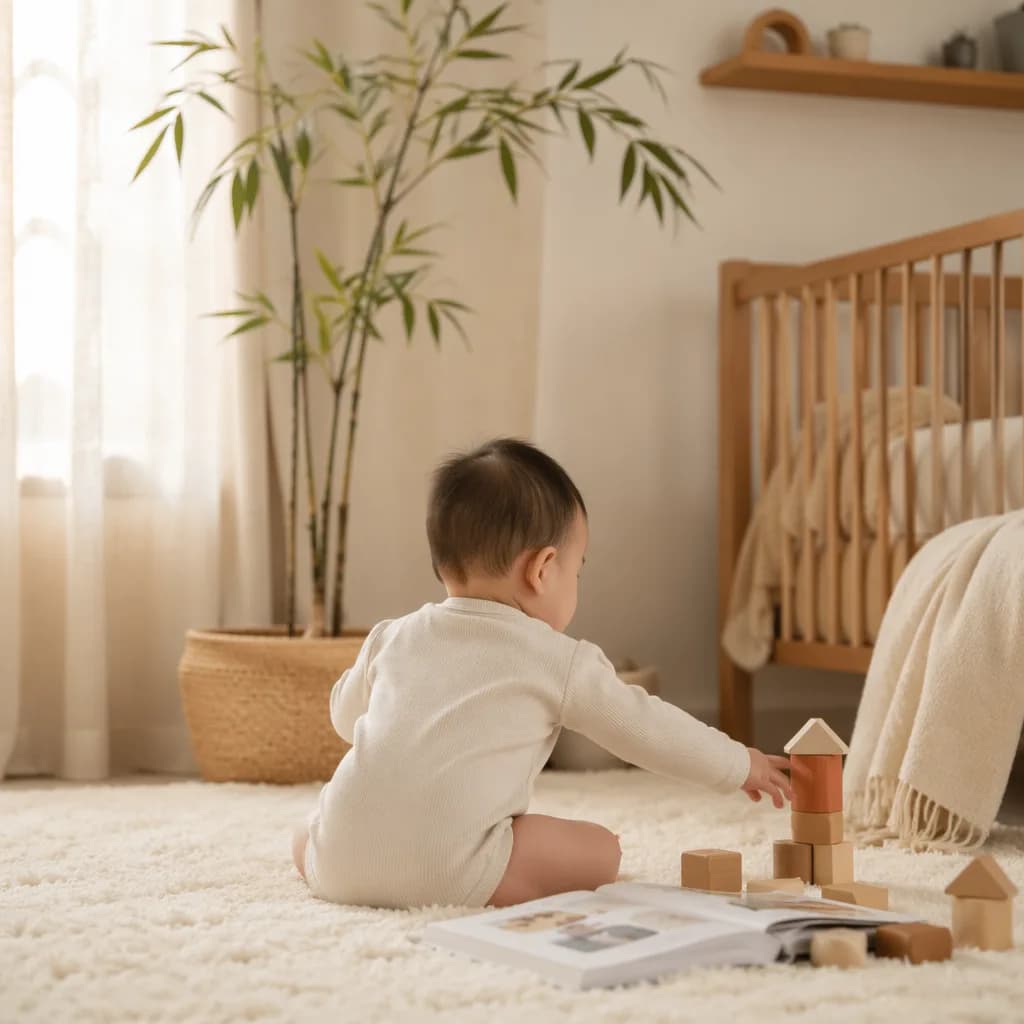 A Vietnamese baby in a soft pastel nursery reaching for books and wooden toys.