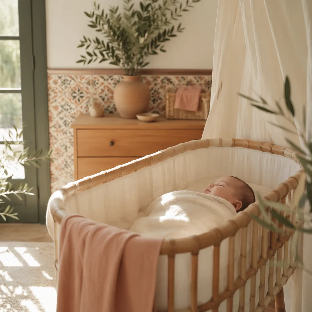 A cozy pastel nursery with a swaddled baby and subtle Spanish-inspired decor.