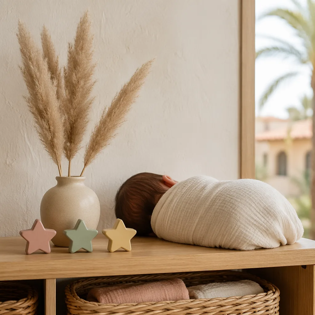 A softly lit nursery with a swaddled baby and three pastel keepsakes symbolizing Trinidad.