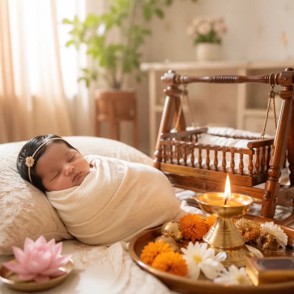 A peaceful swaddled baby in a soft pastel Indian-inspired nursery with marigold petals and warm natural light.
