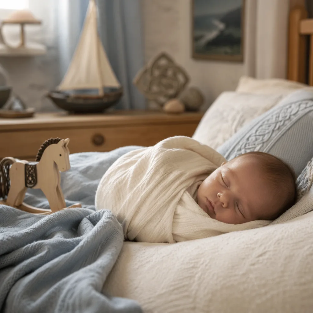 Sleeping baby in a soft pastel nursery with gentle storybook knight accents