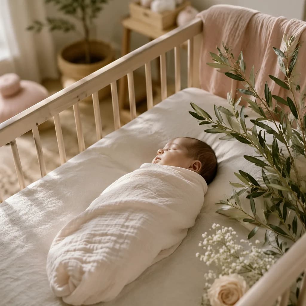 Peaceful swaddled newborn in a soft pastel nursery with leafy branch accents.