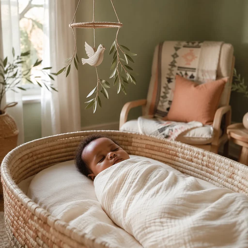 Peaceful sleeping baby in a soft pastel nursery with woven accents and a dove mobile.