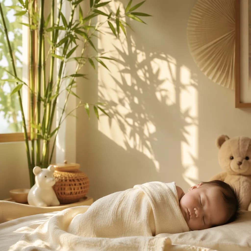 A peaceful Vietnamese nursery scene with a swaddled baby and soft auspicious details.