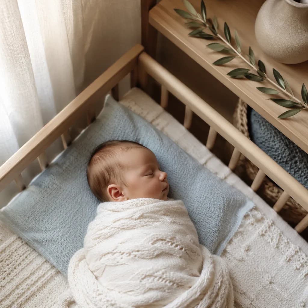 Sleeping newborn in a soft pastel nursery with warm natural light and gentle honorable symbolism.
