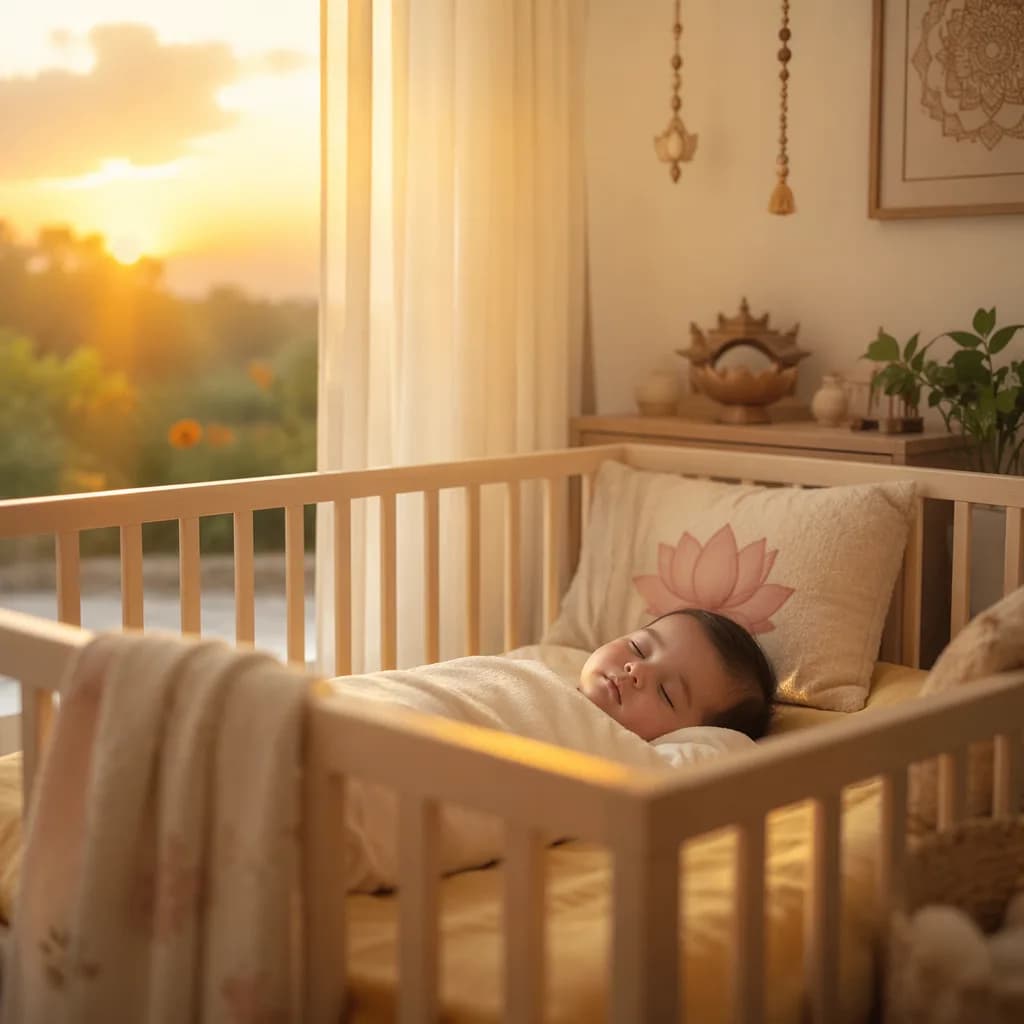 A peaceful pastel nursery at sunrise with a swaddled sleeping baby and subtle lotus-inspired decor.