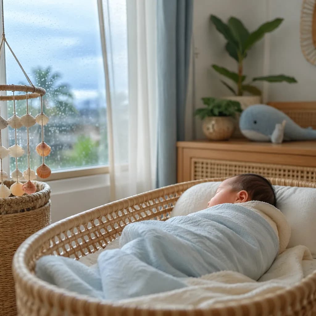 A softly wrapped Filipino newborn sleeping in a pastel nursery with gentle rain and coastal details.