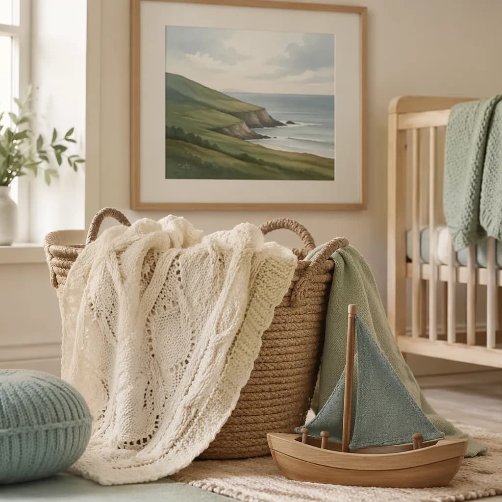 Cozy Irish-inspired nursery still-life with a knitted blanket, wooden toy boat, and soft green accents.