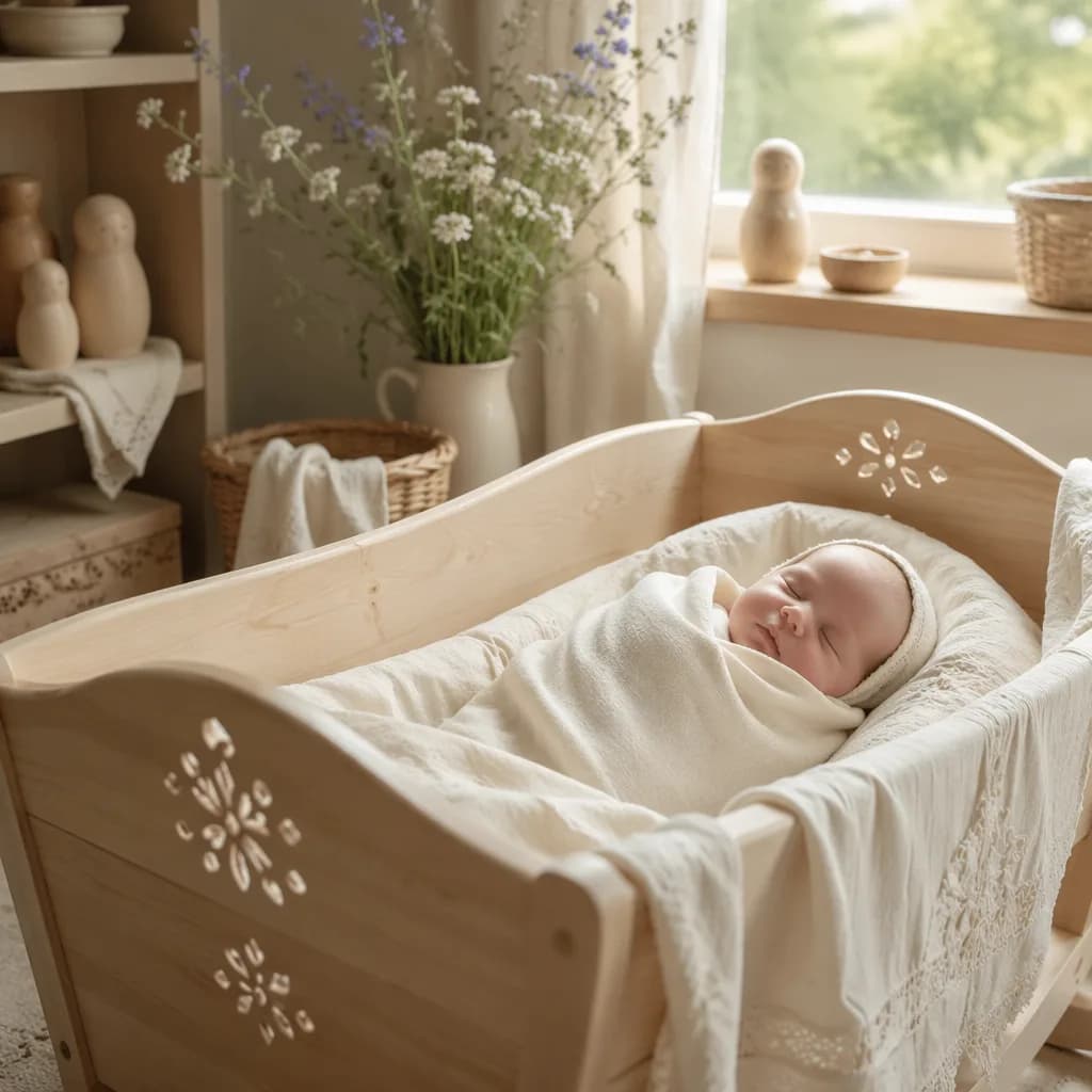 A peaceful swaddled baby in a softly lit Russian-inspired nursery with pastel linens and gentle decor.