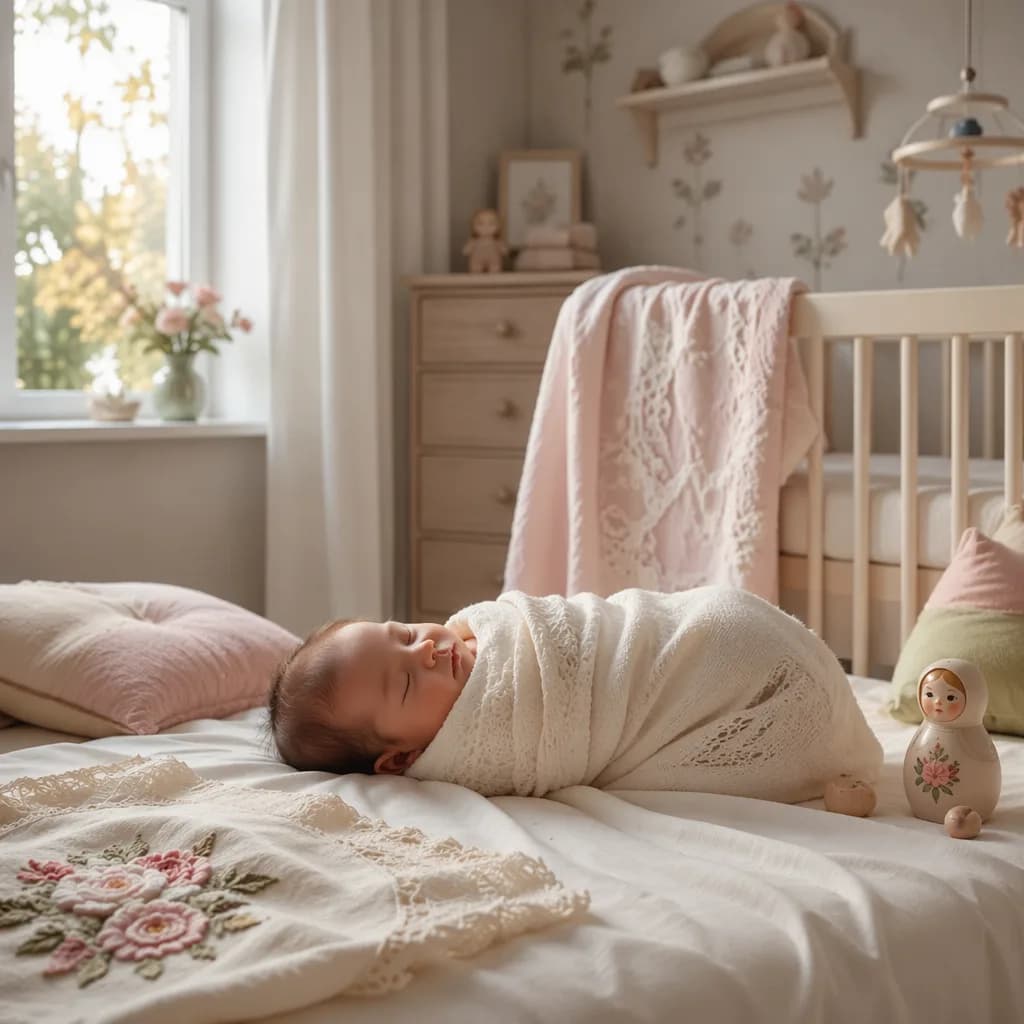Sleeping baby in a cozy pastel Russian-inspired nursery with soft natural light
