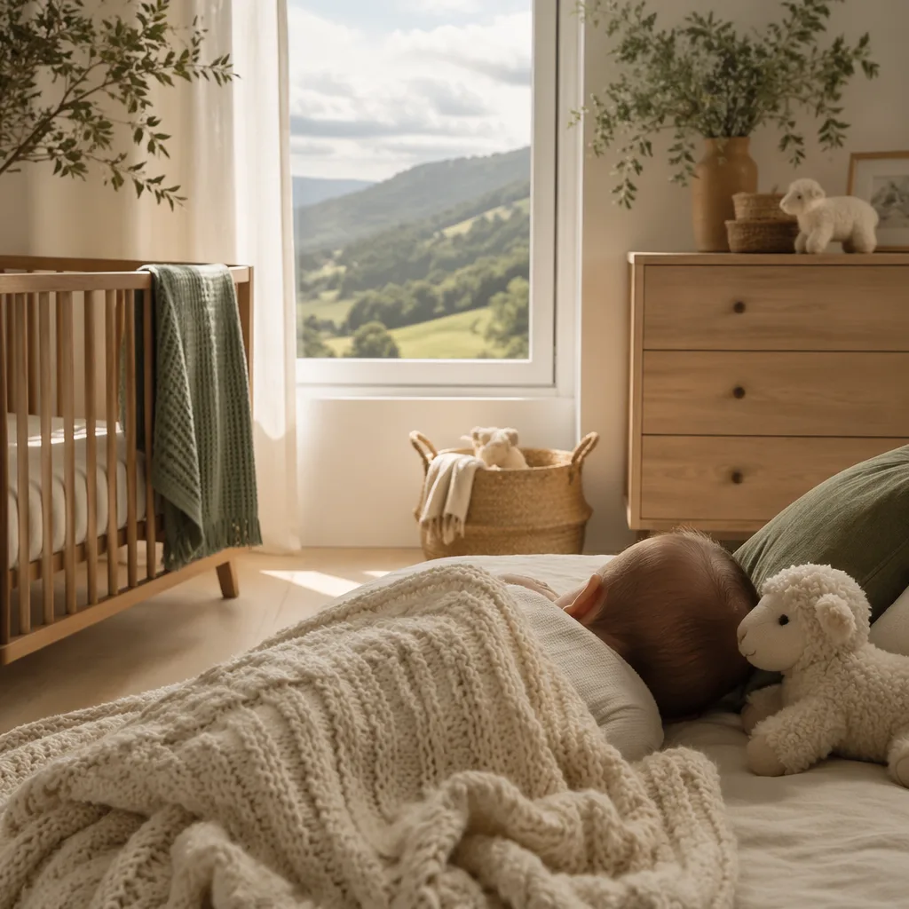 Cozy pastel nursery with a sleeping baby and plush lamb in gentle natural light
