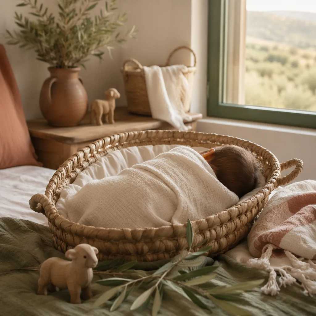 A softly lit Spanish-inspired nursery with a swaddled baby, wooden lamb toy, and olive branch.