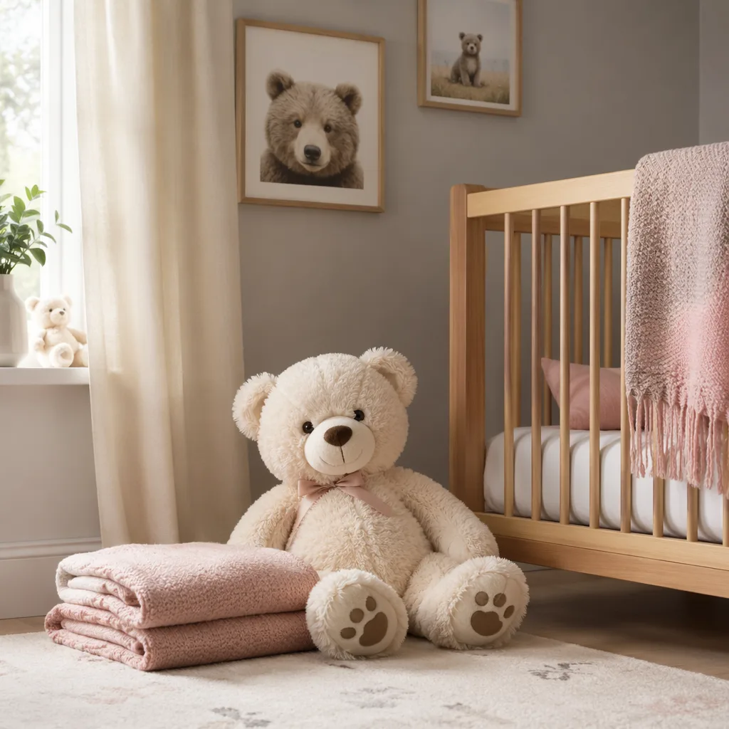 Cozy pastel nursery with a teddy bear and soft blanket inspired by the name Ursula