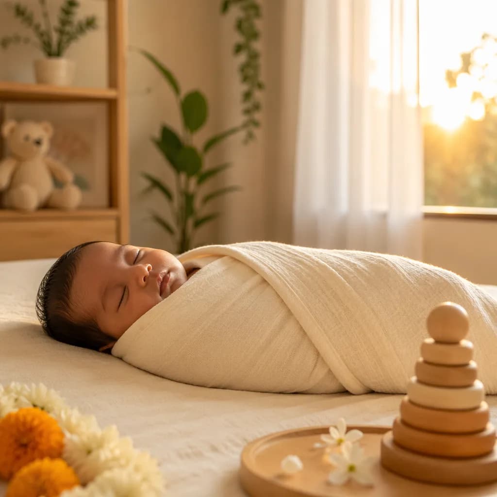 Peaceful baby in a pastel nursery with sunrise light and gentle growth-inspired decor.