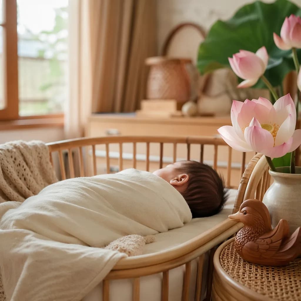 Sleeping Vietnamese baby in a soft pastel nursery with lotus flowers and a wooden duck keepsake.