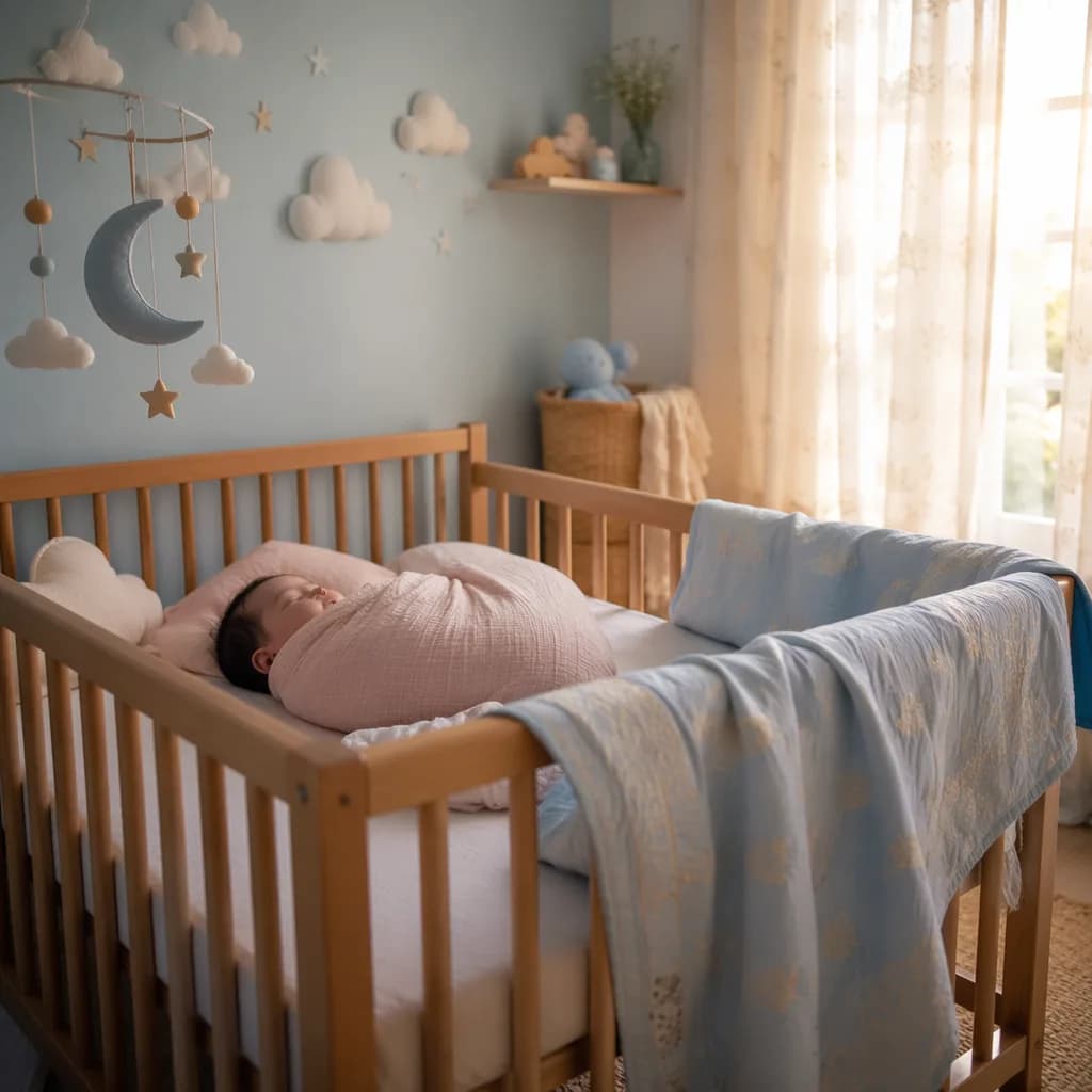 Sleeping baby in a soft sky-themed nursery with warm natural light.