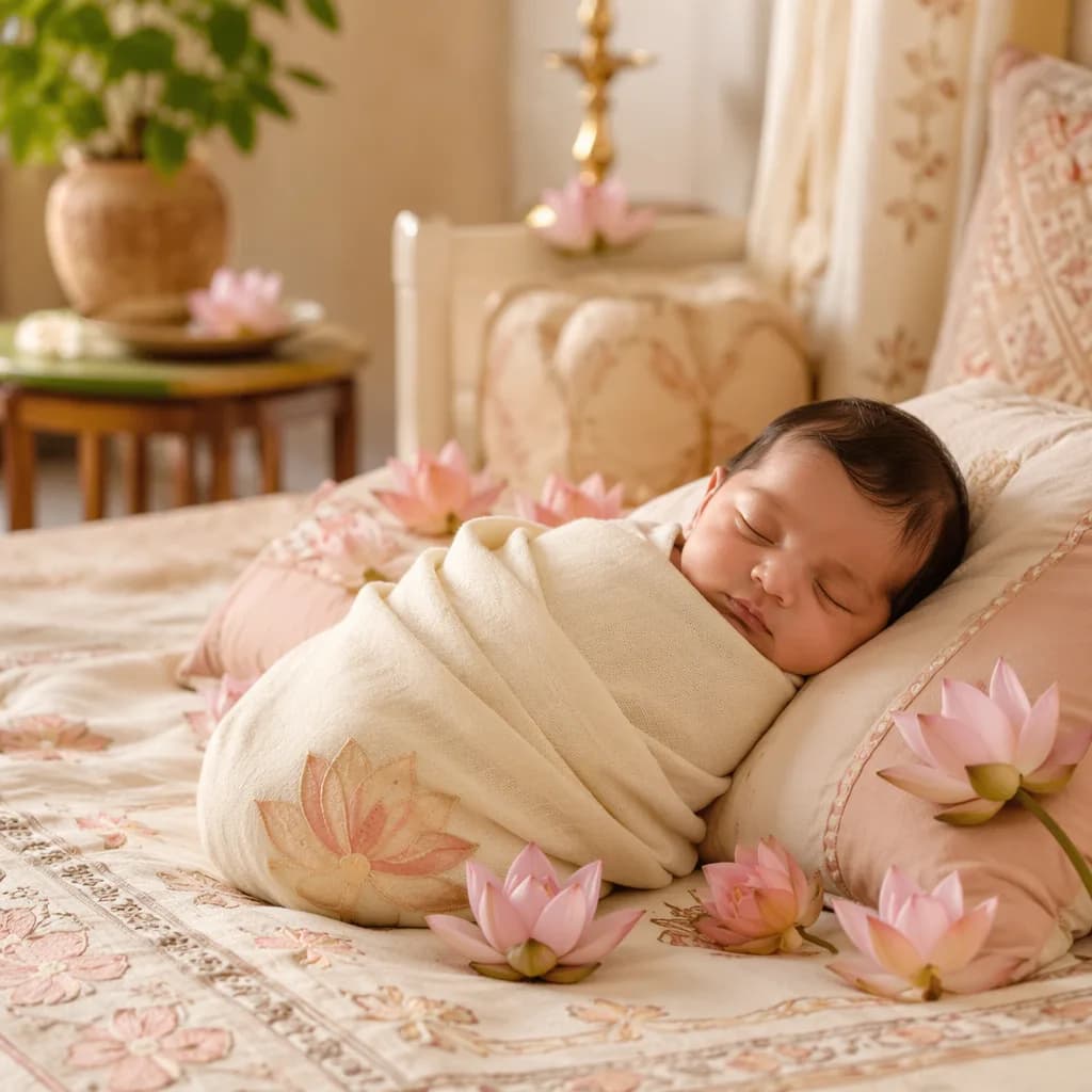 Sleeping newborn in a soft pastel Indian-inspired nursery with lotus accents.
