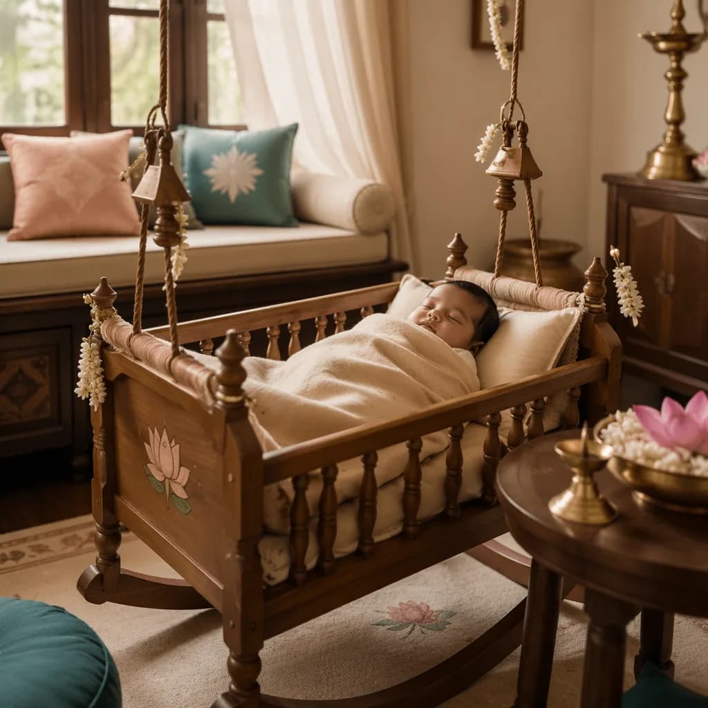 Sleeping baby in a soft Tamil-inspired nursery with jasmine, lotus accents, and gentle pastel light
