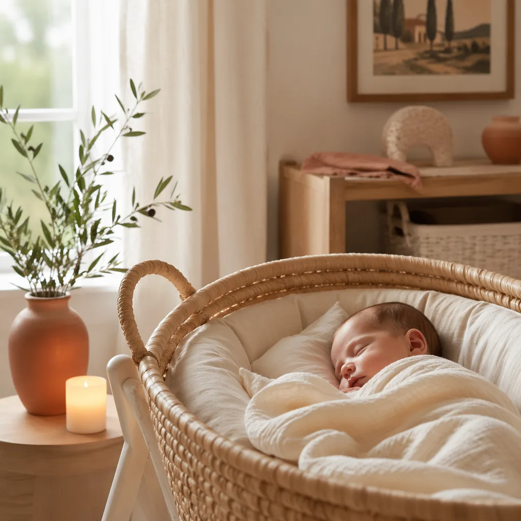 Cozy pastel nursery with a sleeping baby, olive accents, and a soft warm glow.