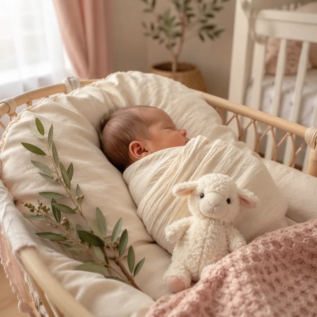 A swaddled newborn in a soft pastel nursery with an olive branch and lamb plush.