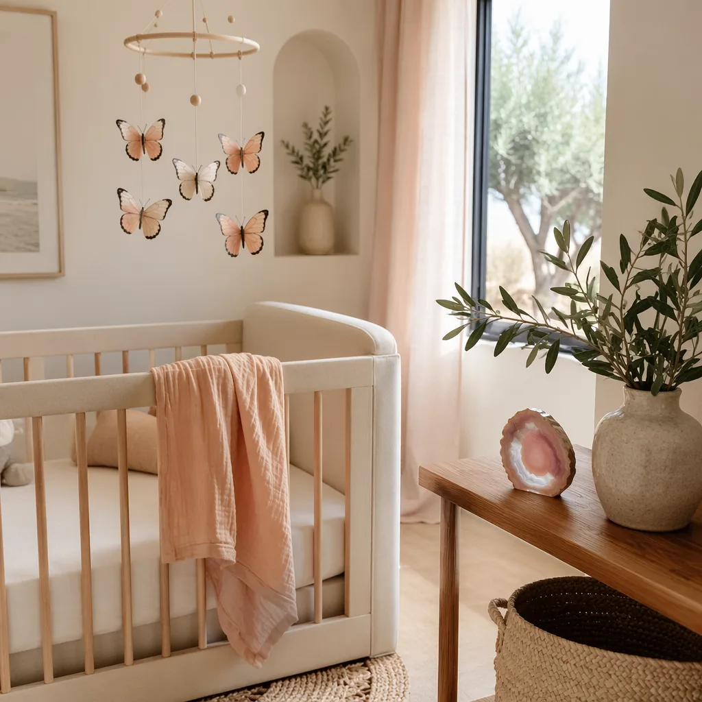 Soft pastel Italian nursery with butterfly mobile, agate keepsake, and olive branches in natural light.