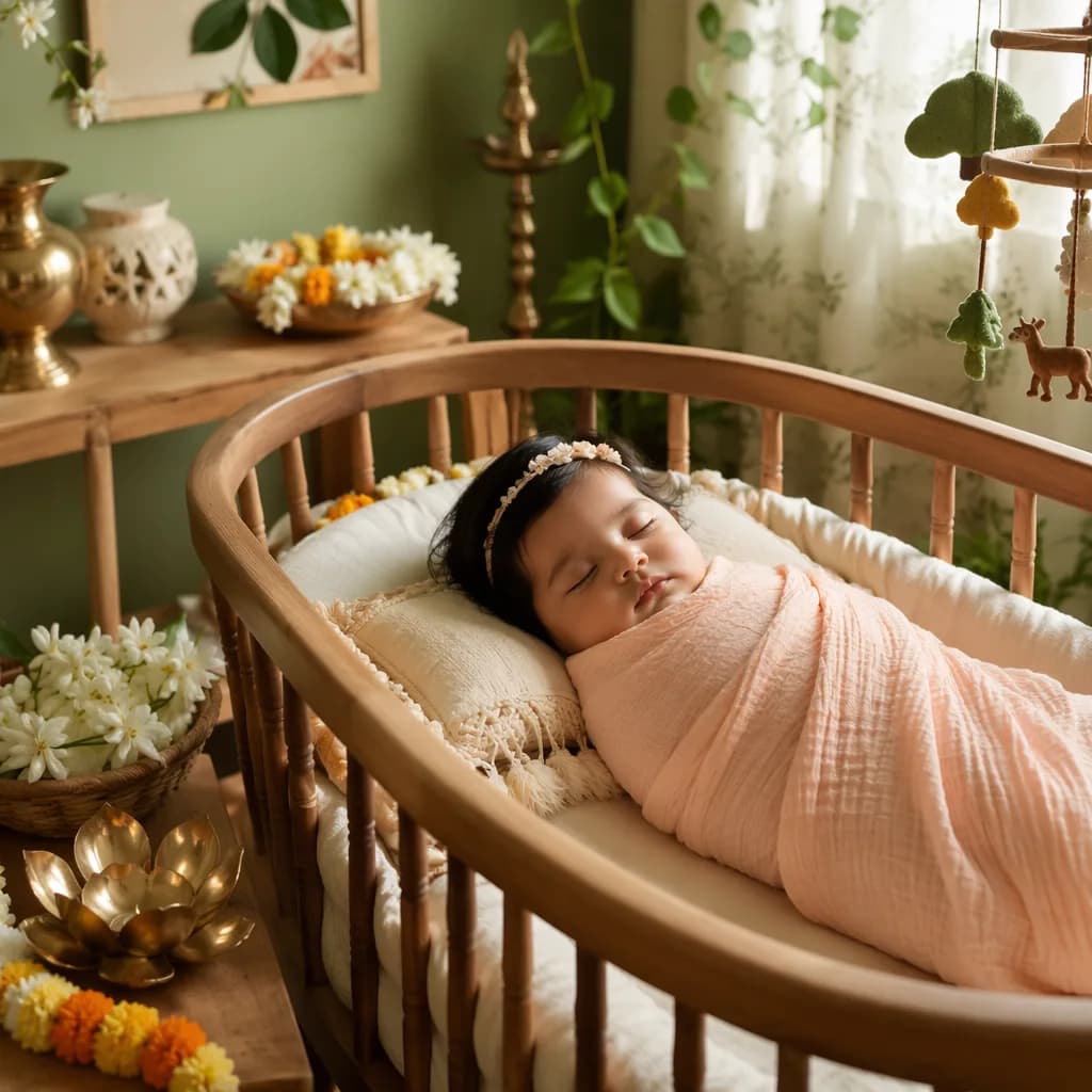 A peaceful baby girl in a soft pastel nursery with gentle Indian and nature-inspired decor.