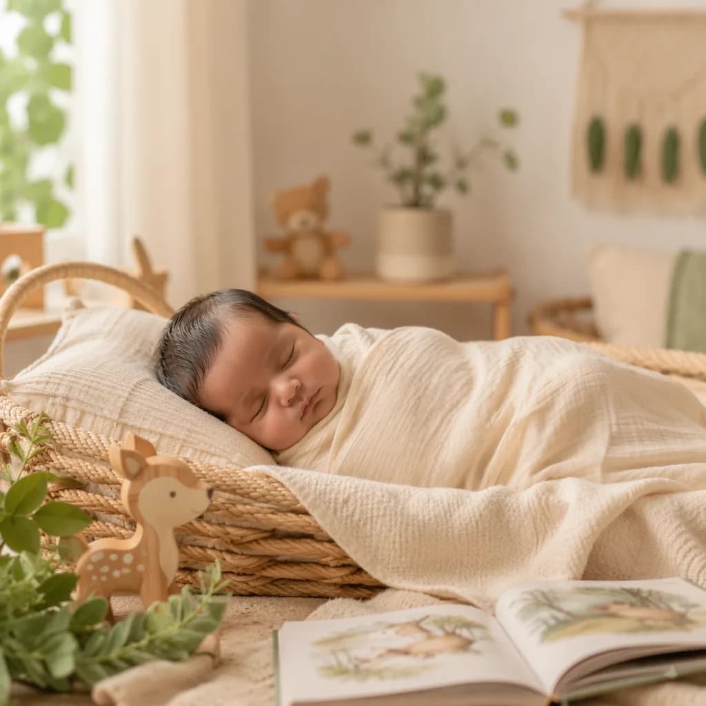 A serene pastel nursery with a sleeping swaddled baby, greenery, and a storybook symbolizing nature and wisdom.