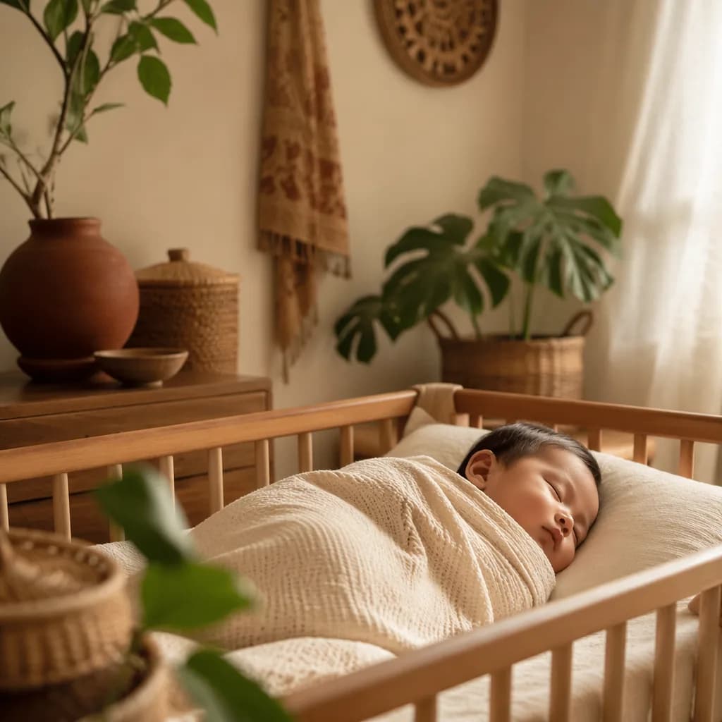 Sleeping Indonesian baby in a cozy earthy nursery with soft leaves and woven accents.