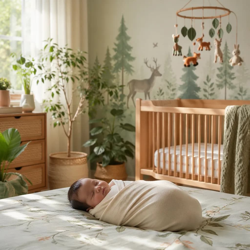 Sleeping baby in a pastel nature-inspired nursery with soft leafy decor.