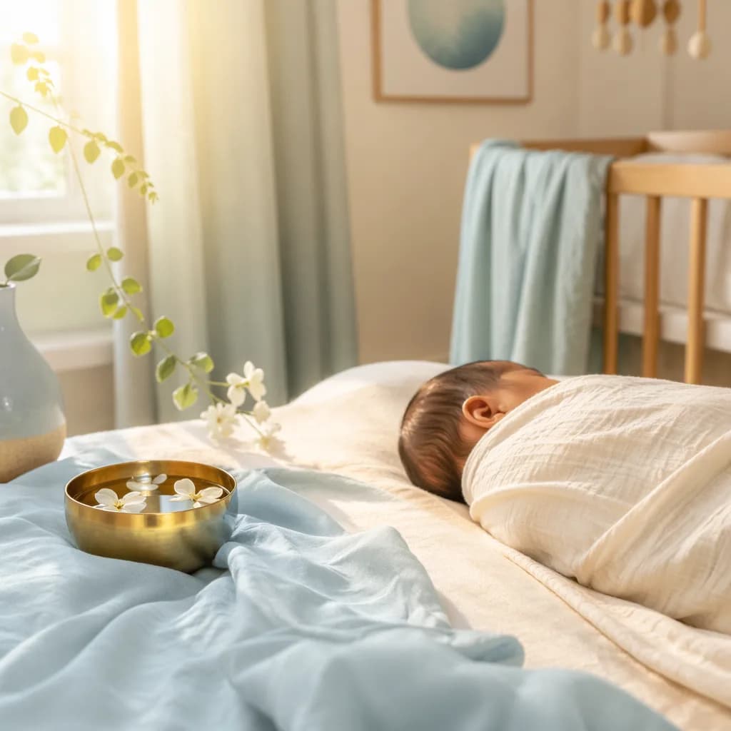 Sleeping newborn in a soft pastel nursery with water and golden light symbolism.