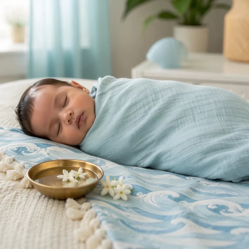 Sleeping baby in a soft ocean-inspired nursery with gentle light