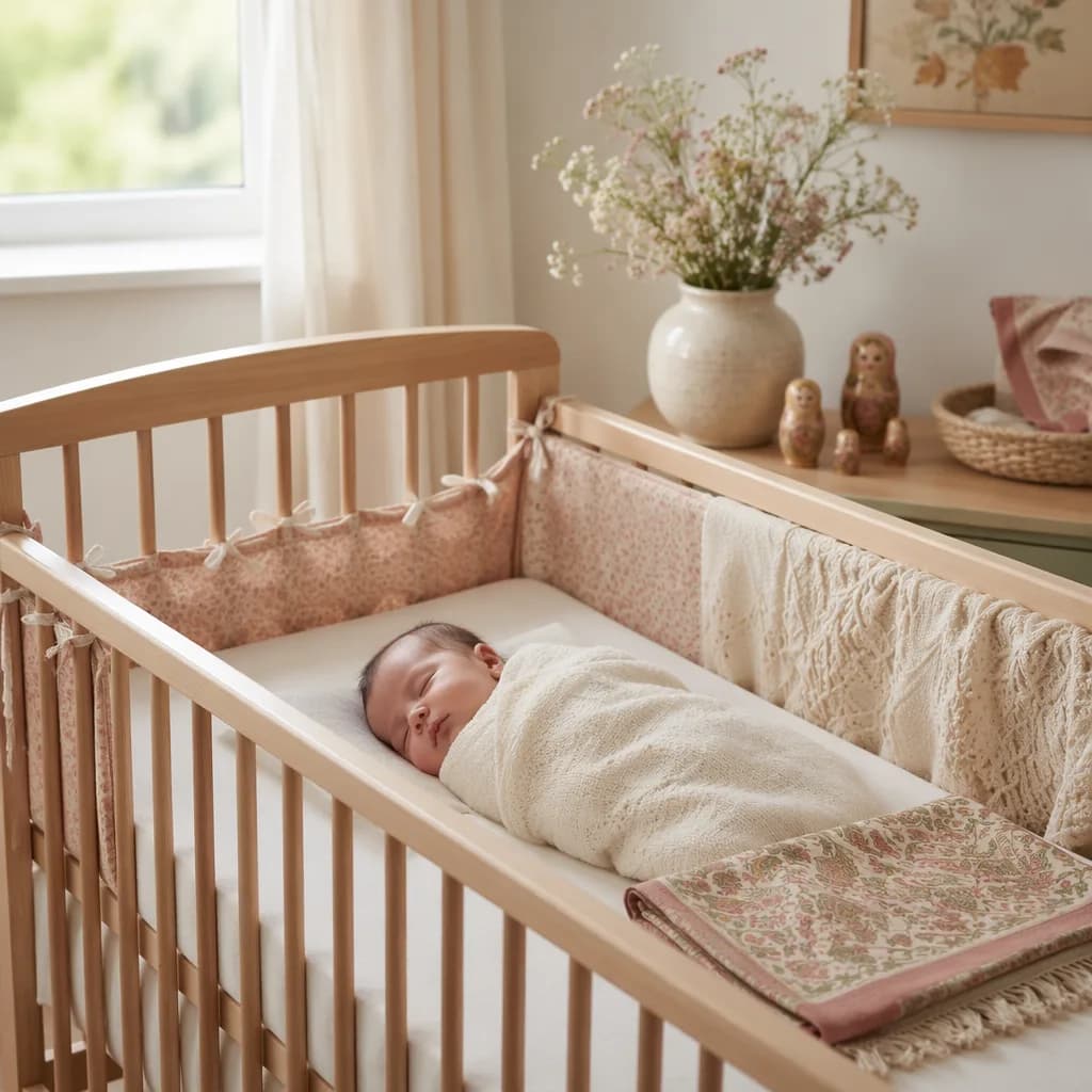 A sleeping baby in a cozy pastel nursery with subtle Russian-inspired decor.