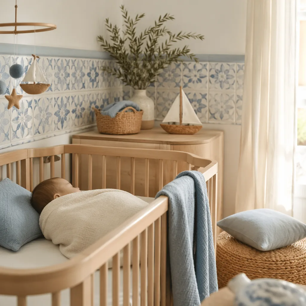 Sleeping baby in a soft Portuguese-inspired nursery with pastel blue accents and gentle natural light.