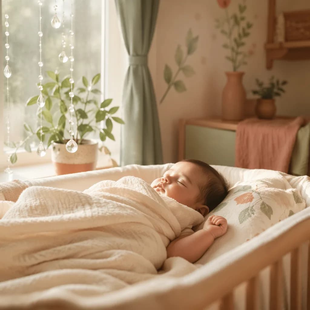 A softly lit pastel nursery with a sleeping baby, earthy decor, and delicate dew-inspired accents.