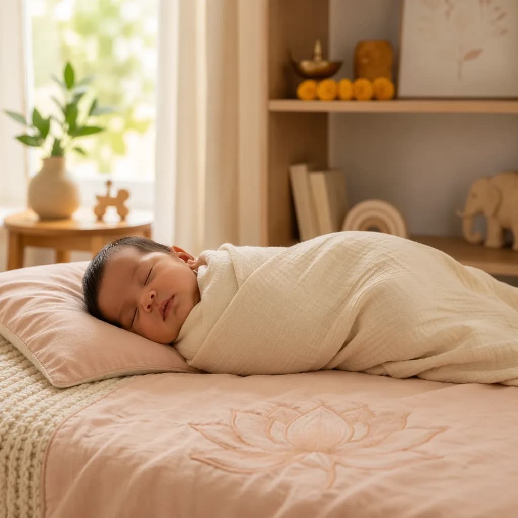 Sleeping baby in a warm pastel nursery with subtle Indian-inspired decor.