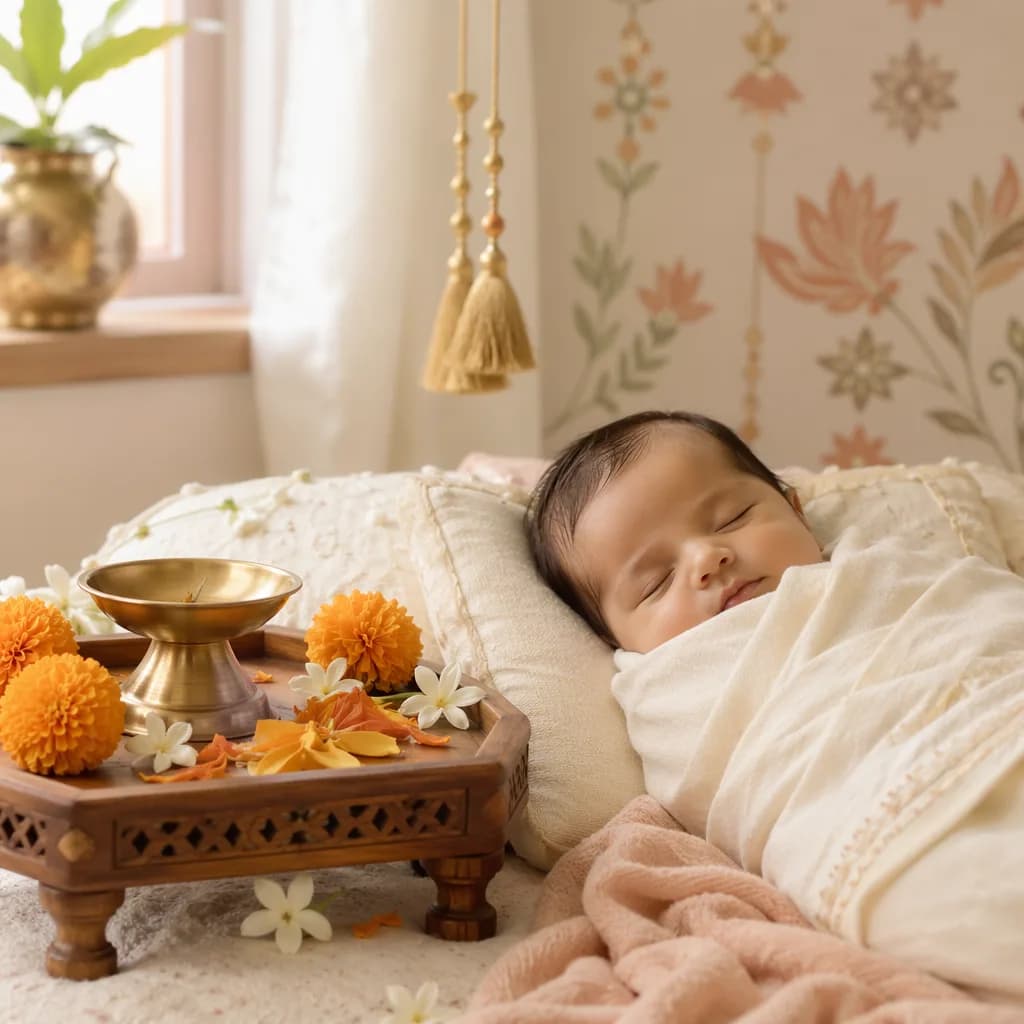 Peaceful swaddled newborn in a softly lit nursery with marigold petals and a small devotional tray.