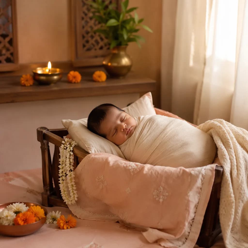 Serene pastel Indian nursery with a swaddled sleeping baby and gentle traditional accents.