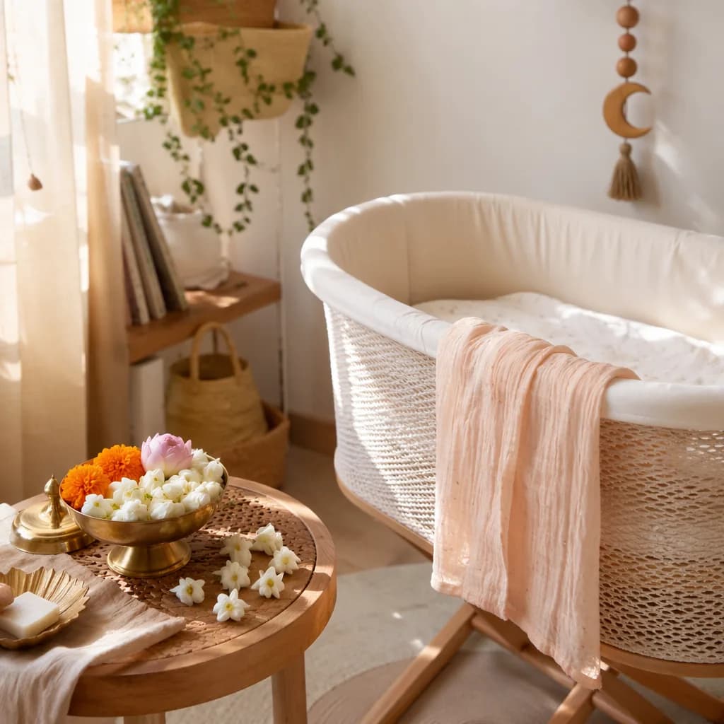 Soft pastel nursery still life with flowers and warm light inspired by the name Vedika.