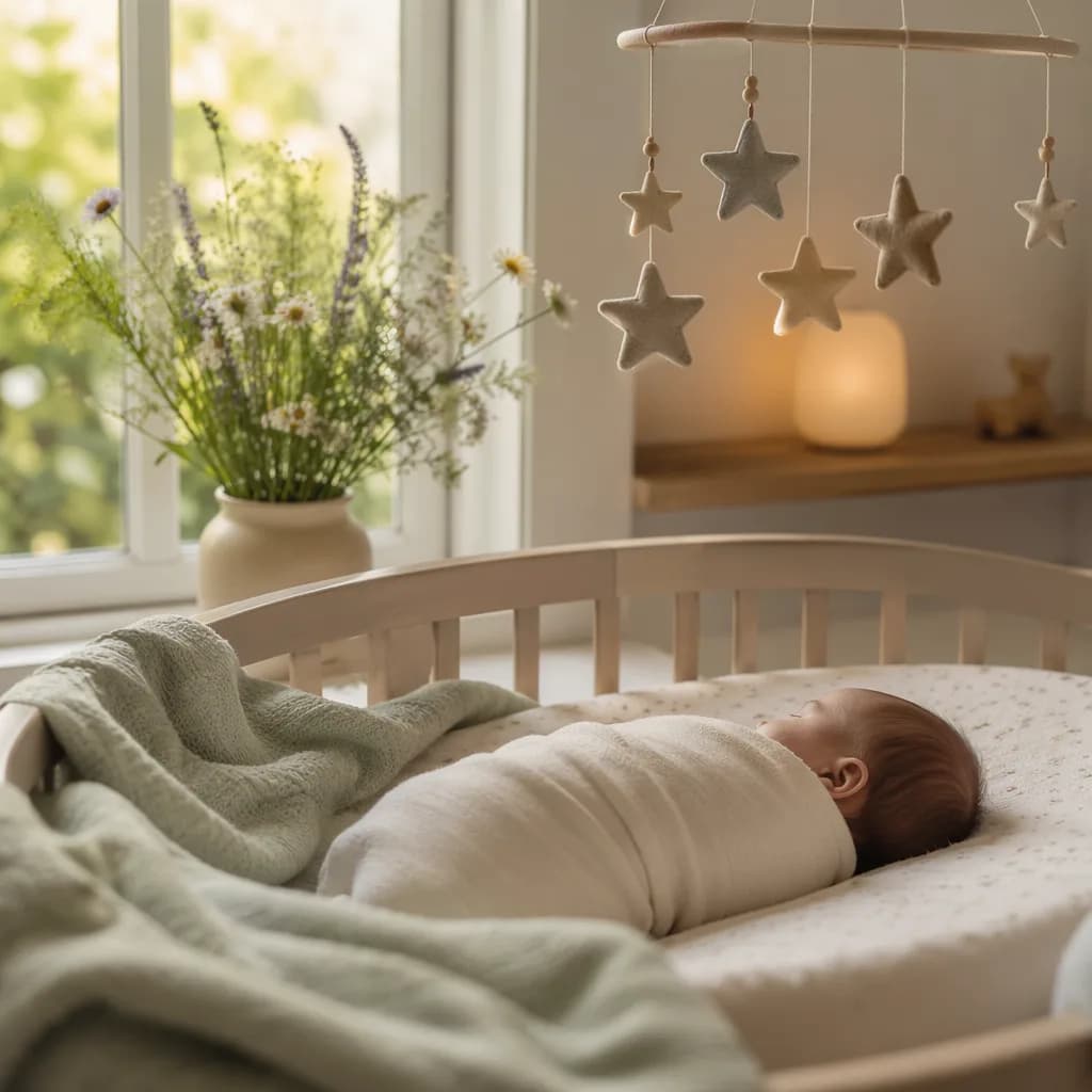 Sleeping baby in a soft pastel nursery with meadow flowers and a star mobile.