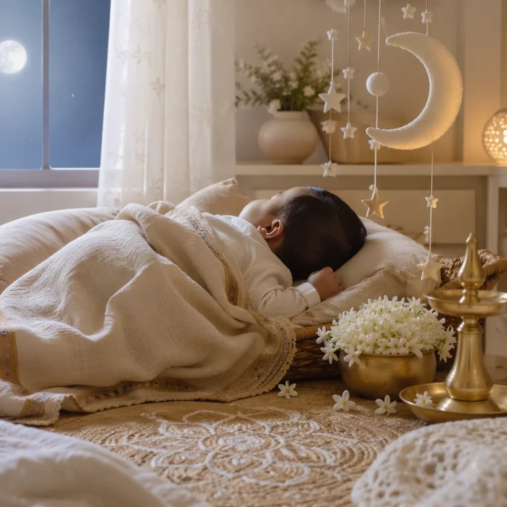Sleeping Tamil baby in a soft moonlit nursery with jasmine and gentle pastel decor.