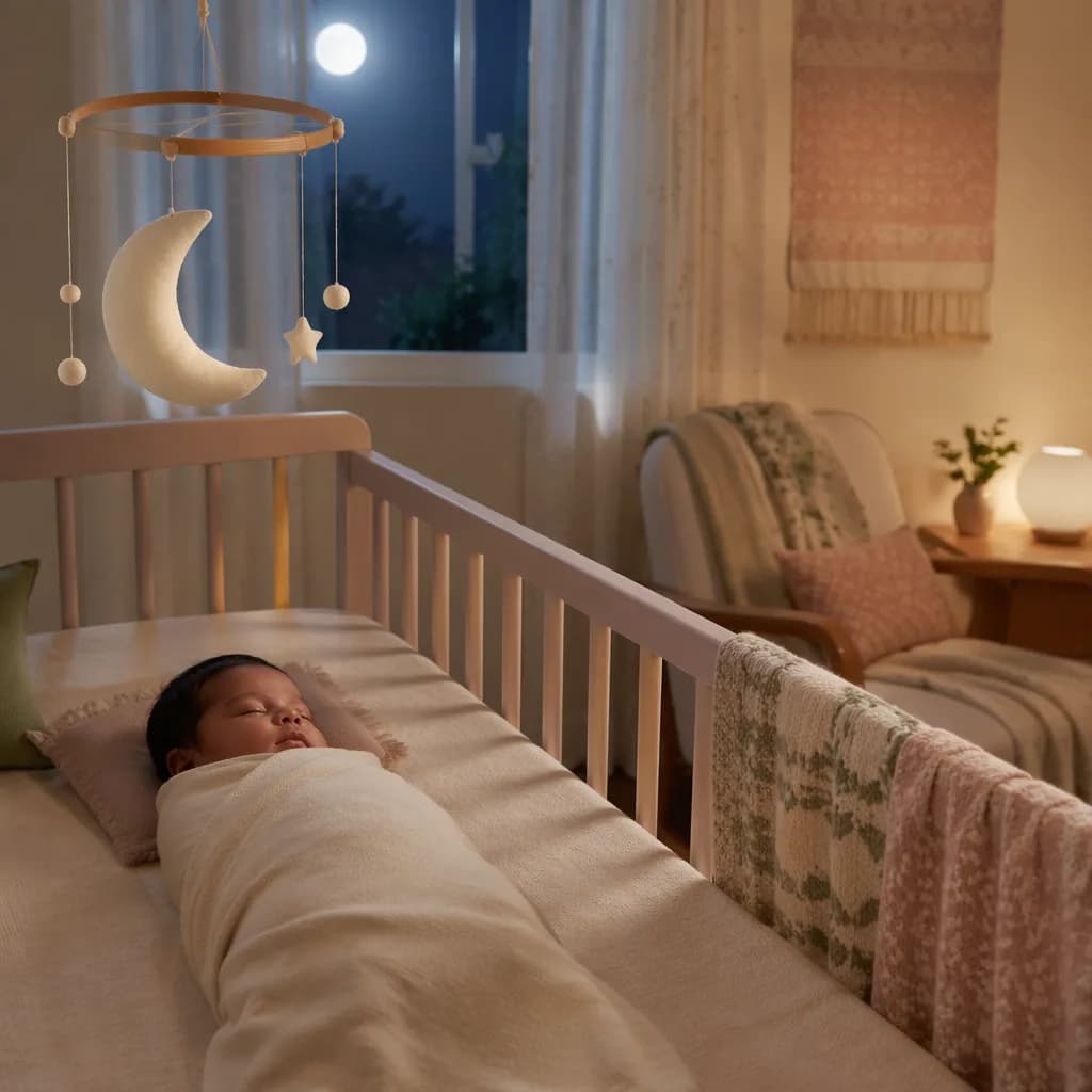 A peaceful moonlit nursery with a swaddled sleeping baby and soft pastel decor.