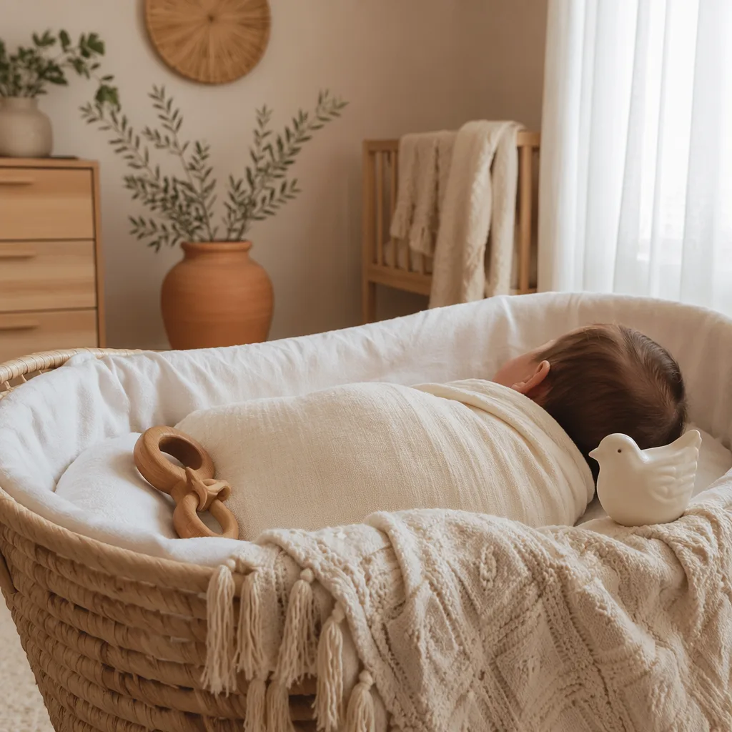 Soft pastel Spanish nursery with a peacefully swaddled baby and comforting dove detail.