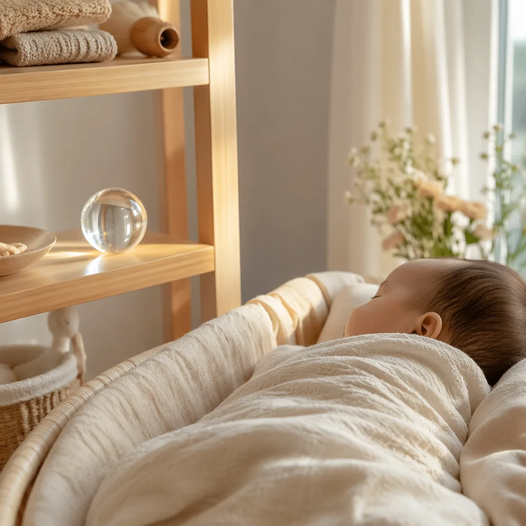 Soft pastel nursery with a peacefully swaddled baby and a clear glass ornament symbolizing truth.