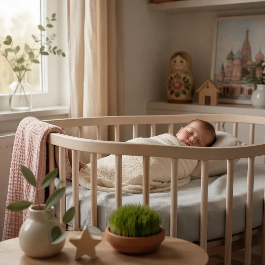A sleeping baby in a soft pastel nursery with laurel, star, and wheatgrass details.