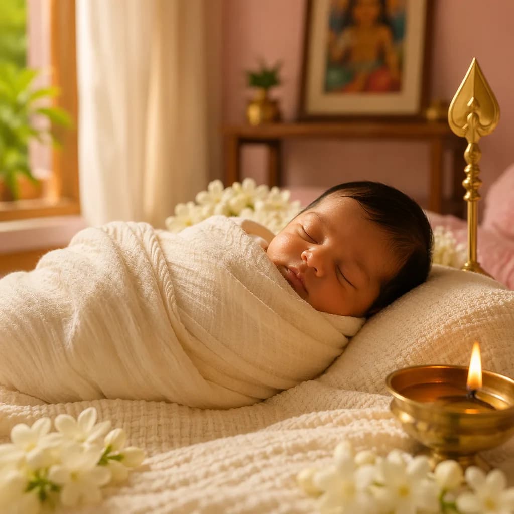 A peaceful Tamil-inspired nursery with a swaddled sleeping baby, jasmine flowers, and soft golden accents.